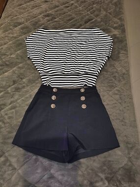 Worn Once Vici Navy High-Waist Nautical Shorts (Sm) & Garage Striped Shirt (Med)